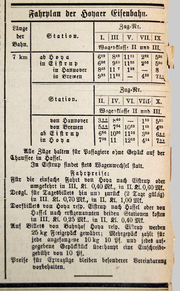 Fahrplan der HEG vom 29.11.1881