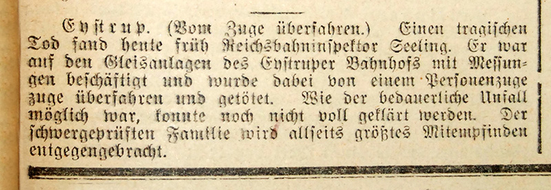 Vom Zuge überfahren, Zeitungsmeldung der Hoyaer Kreiszeitung vom 10.4.1941