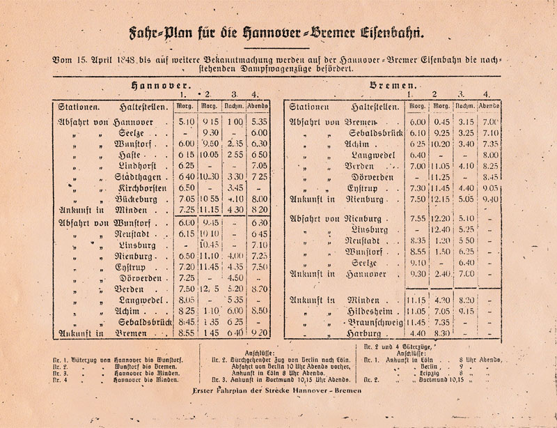 Fahrplan für die Verbindung Hannover - Bremen