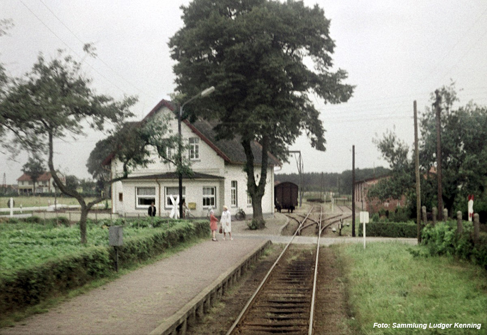 Am 10.8.1963 trifft der Triebwagen aus Eystrup kommend im Bahnhof Hassel ein