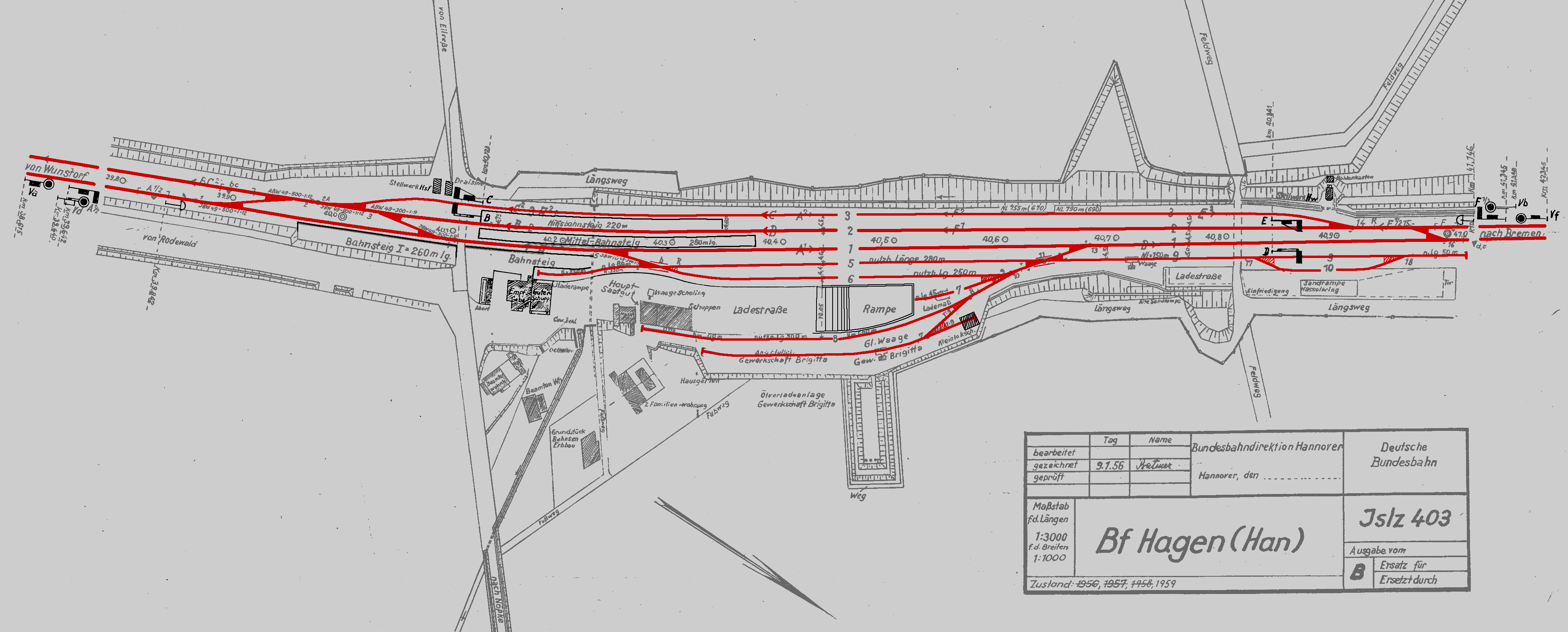 Gleisplan des Bahnhofs Hagen (Han) von 1959